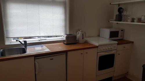 eine Küche mit einer Theke mit einer Spüle und einer Mikrowelle in der Unterkunft Blue Door Cottage in Meanwood