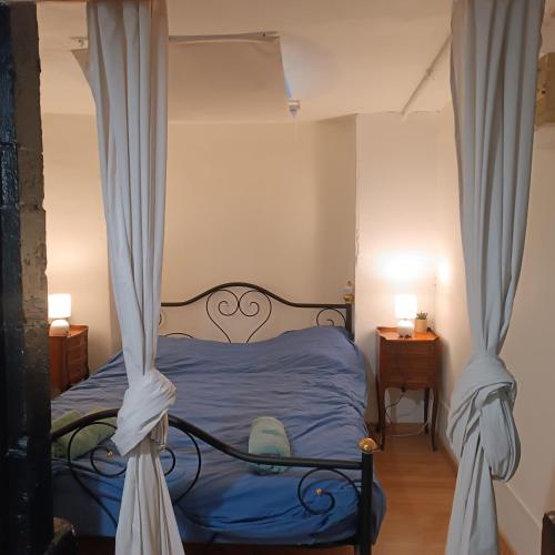 a bedroom with a bed with blue sheets and curtains at l'HYPERCENTRE Loft Atypique et Historique 5 PERS Cathédrale in Clermont-Ferrand