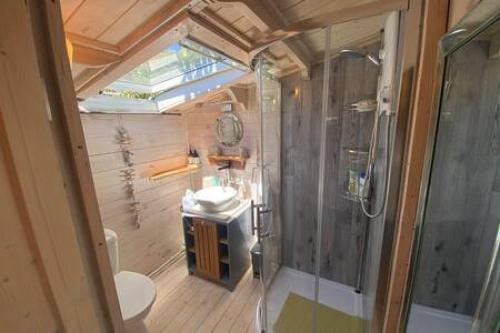 a bathroom with a shower and a sink and a toilet at Driftwood Retreat with Hot tub in Week Saint Mary