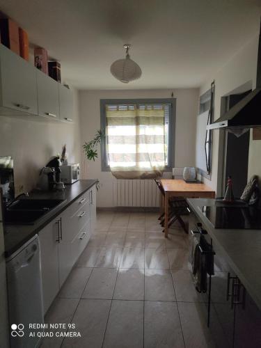 une cuisine avec un évier et une table à l'intérieur dans l'établissement Très bel appartement 3 pièces + jardin + parking, à Divonne-les-Bains