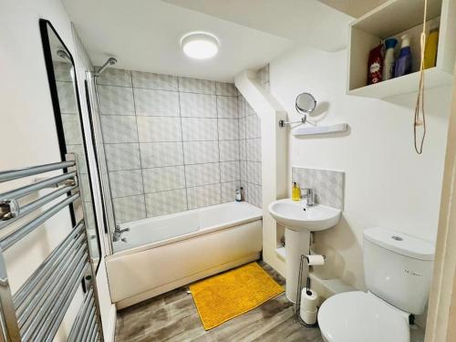 a bathroom with a sink and a toilet and a shower at Lovely 2 bedroom flat with free parking Flat 5 in Nottingham
