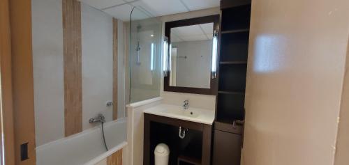une salle de bain avec un lavabo et un miroir dans l'établissement CAP HERMES 2-3 pieces avec grande terrasse et apercu mer, à Fréjus