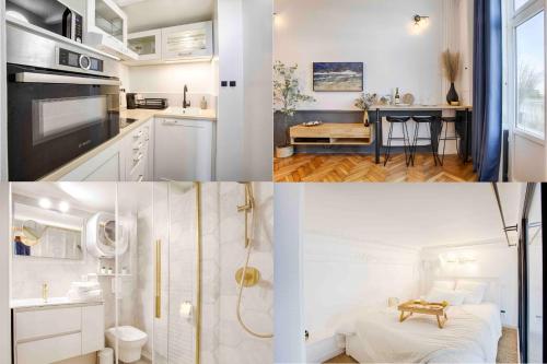 eine Collage mit Fotos einer Küche und einem Badezimmer in der Unterkunft WELC'HOME IN HOULGATE - Vue et accès direct sur mer in Houlgate