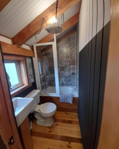 a bathroom with a white toilet and a sink at Mapunre in Malalcahuello