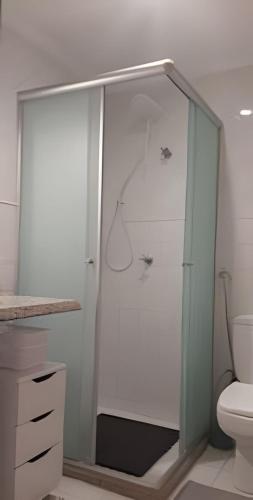 a shower with a glass door in a bathroom at Edifício Belluno in Ribeirão Preto