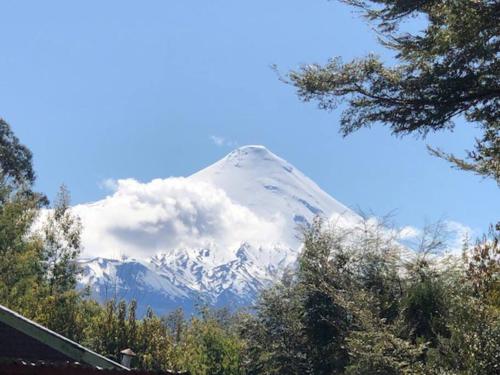 uma montanha coberta de neve à distância com árvores em Cabaña Haywood em Puerto Varas