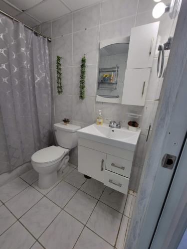 a white bathroom with a toilet and a sink at MF Vacation Homes Villa 2 in Loiza