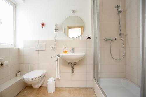 ein Bad mit einer Dusche, einem WC und einem Waschbecken in der Unterkunft Altstadtpension Friedberg in Friedberg