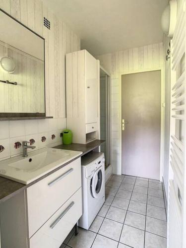 une cuisine avec une machine à laver et un évier dans l'établissement Jouvencelles au pied des pistes, à Prémanon