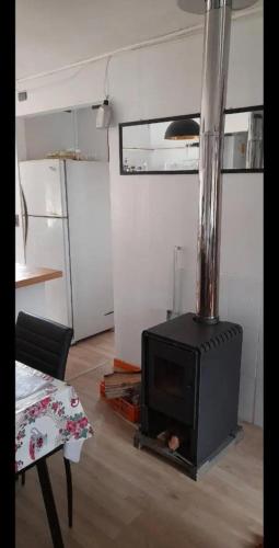 a black stove in a room with a kitchen at CABAÑAS LOMAS DE YECO in Valdivia