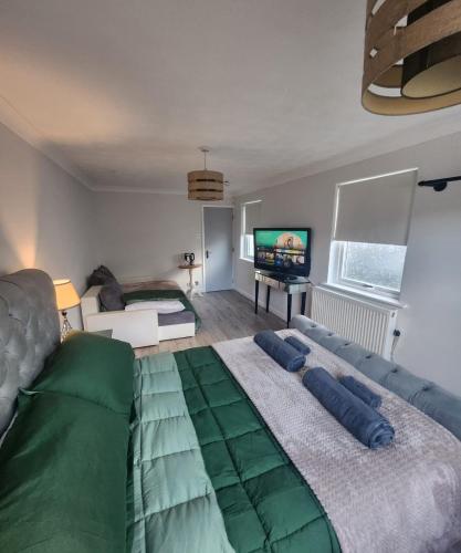 Sala de estar con cama grande y TV en Alexandra Palace Sleep Overs en Londres