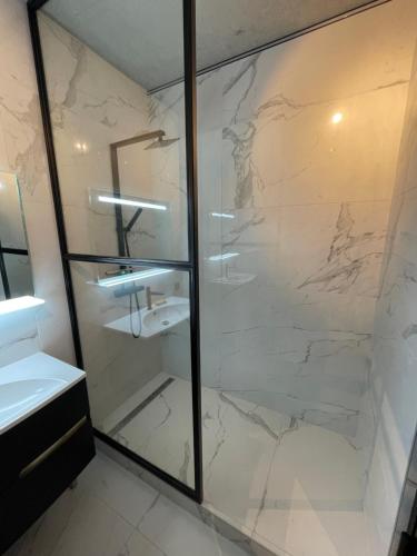 une salle de bain avec une douche avec une porte vitrée dans l'établissement Loft haut de gamme avec jacuzzi, à La Bresse