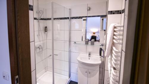 ein Bad mit einer Dusche, einem WC und einem Waschbecken in der Unterkunft Hirsch Hotel Hanau in Hanau am Main