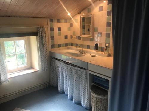 een badkamer met een wastafel en een raam bij Papillons B&B - beauty, comfort and peace 25 mins from Puy du Fou in Montournais