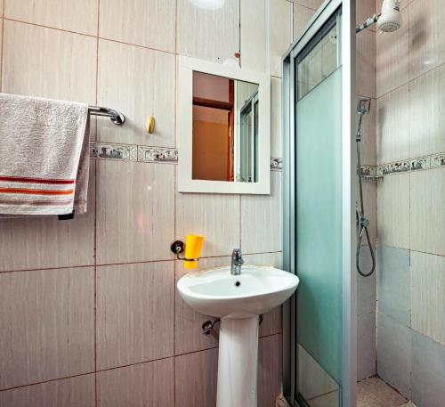 W łazience znajduje się umywalka, lustro i prysznic. w obiekcie MANI HOMES w mieście Nairobi