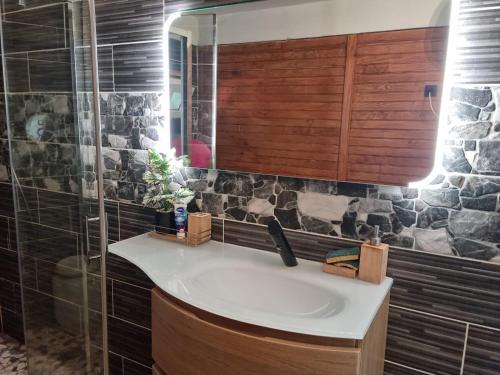 een badkamer met een wastafel en een spiegel bij Le chal'heureux in Chirongui