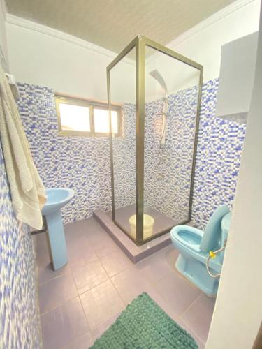 a bathroom with a blue toilet and a shower at Villadeluxe3 in Abomey-Calavi
