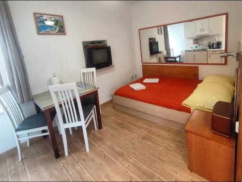 苏库拉伊Sofia studio apartment Sucuraj的一间卧室，配有一张床、一张书桌和一台电视
