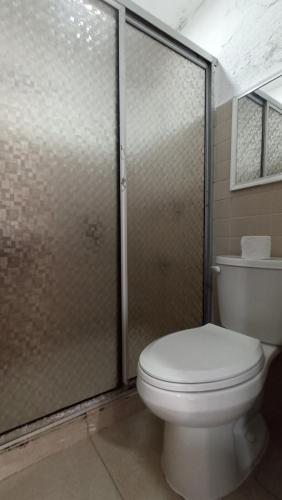 a bathroom with a toilet and a glass shower stall at Hotel Tropical in Progreso