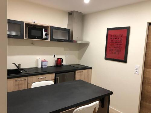 une cuisine avec un comptoir noir dans une pièce dans l'établissement Charmant appartement centre ville avec cour, à Chalon-sur-Saône