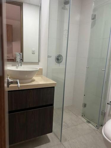 a bathroom with a sink and a glass shower at Apartamento en Usaquen in Bogotá