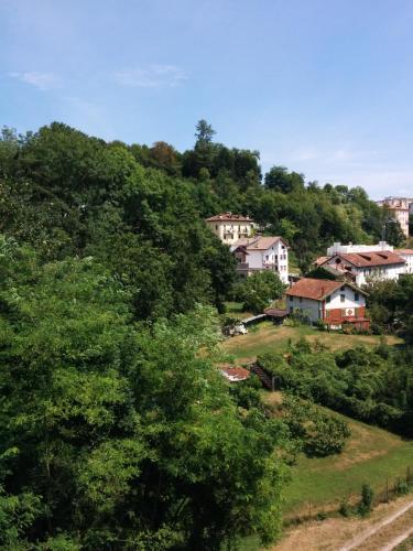 a group of houses on a hill with trees at Casetta next to the Creek Dino Buzzati in Belluno