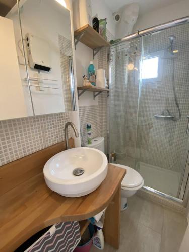 une salle de bain avec un lavabo, une douche et des toilettes dans l'établissement Appartement avec terrasse en front de mer LES ROMARINS, à Narbonne-Plage