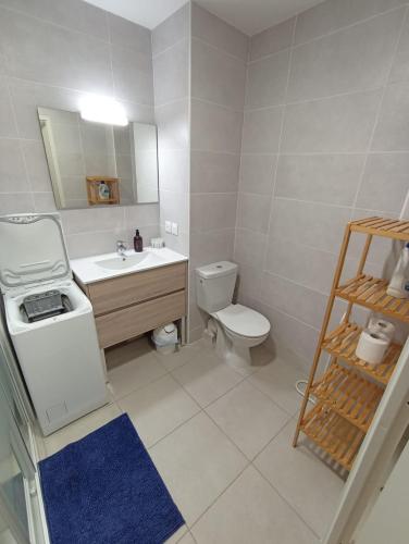 une salle de bain avec un lavabo, des toilettes et un miroir dans l'établissement Studio avec Parking Privé, Piscine plage 300m, à Antibes