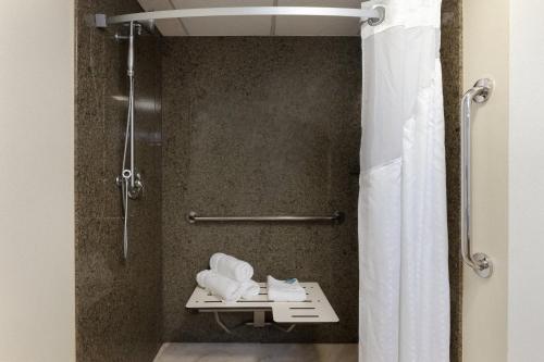 a shower stall in a hotel room with a table and towels at Holiday Inn Express & Suites - Atlanta Downtown, an IHG Hotel in Atlanta