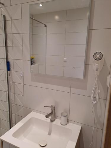 a bathroom with a sink and a mirror at Dorpat Apartment in Tartu