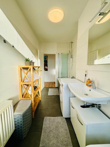 a bathroom with a sink and a toilet in it at Schicke Wohnung im grünen Hinterhof in Schwerin