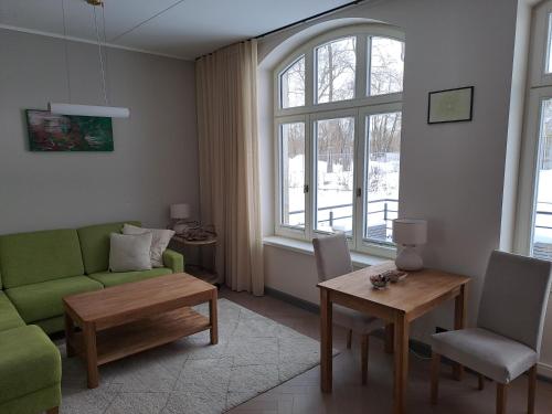 Sissi Apartment Aleksandri 32 في تارتو: غرفة معيشة مع أريكة خضراء وطاولة