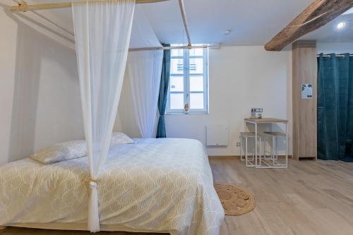 a bedroom with a bed with a canopy at L'Eden Zen - Suite Jacuzzi, parking, clim, Netflix in Béziers