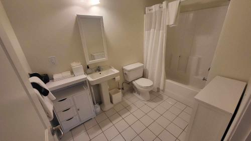 a white bathroom with a sink and a toilet at Prime City Center Location! 2BR Near Everything! in Detroit