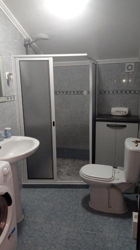 a bathroom with a shower and a toilet and a sink at O Miradouro in Angra do Heroísmo