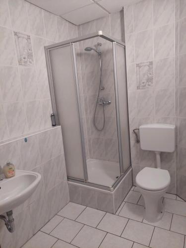 ein Bad mit einer Dusche, einem WC und einem Waschbecken in der Unterkunft Hotel Restaurant Rhodos in Elsterwerda
