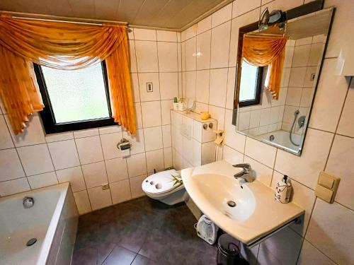 a bathroom with a sink and a toilet and a mirror at Ferienwohnung im Mittelrheintal, Traumschleife & Rheinsteig Wanderwege! in Damscheid