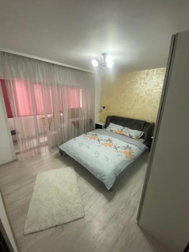 una camera con un letto e un grande specchio di Apartament SUN a Drăgăşani