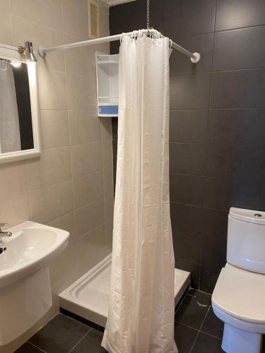 a bathroom with a white shower curtain and a toilet at Apartamento en Anero in Anero