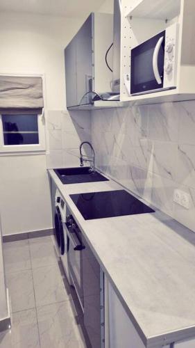 une cuisine blanche avec un évier et un micro-ondes dans l'établissement Beau T2 à Stains, à Stains