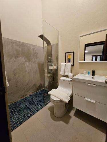 a bathroom with a shower and a toilet and a sink at KASA San Francisco 1 in San Juan