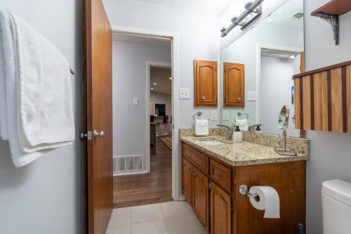 a bathroom with a sink and a mirror at Montage - A Birdy Vacation Rental in Schertz