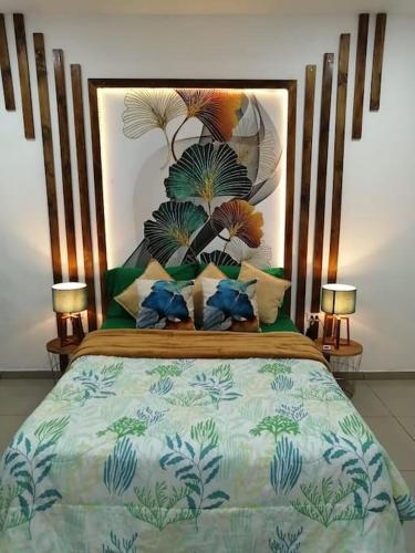 a bedroom with a large bed with a large headboard at Cabañas Mantas in Jacó