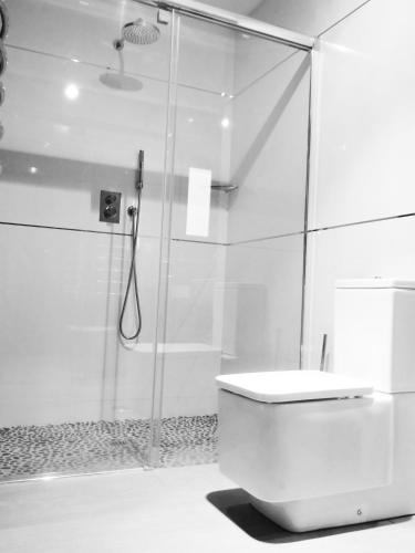 a bathroom with a glass shower and a toilet at La Casa de la Ría in Collera