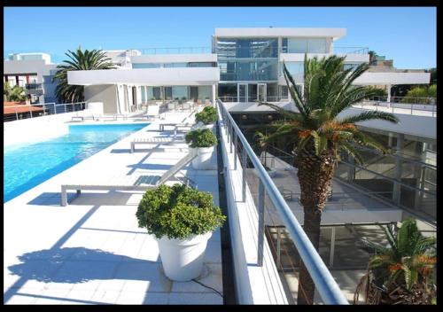 a balcony with palm trees and a swimming pool on a building at Hermoso apto en Edificio Gala Puerto in Punta del Este