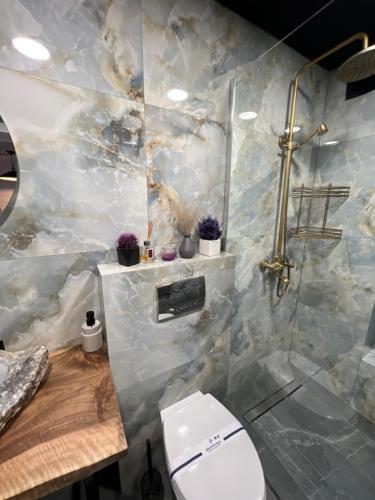 a bathroom with a toilet and a marble wall at Under Sky Slavske - Котеджі з Теплим басейном ,чаном-джакузі, панорамною ванною та PlayStation 5 in Slavske