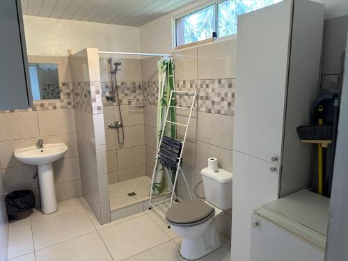 uma casa de banho com um chuveiro, um WC e um lavatório. em Maison Moehau Iti em Moorea