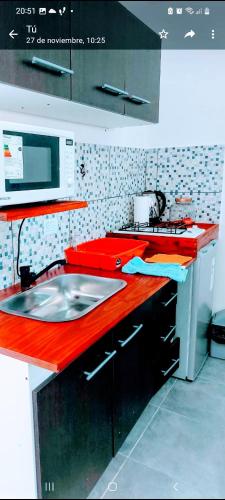 eine Küche mit einer roten Arbeitsplatte und einem Waschbecken in der Unterkunft Apart Mi Kaú in Catriel