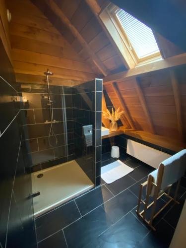 uma casa de banho com uma cabina de duche em vidro no sótão em Zilverzoen Slapen em Elburg