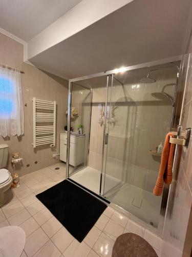 a bathroom with a shower with a glass door at Vivenda Soares in Fátima